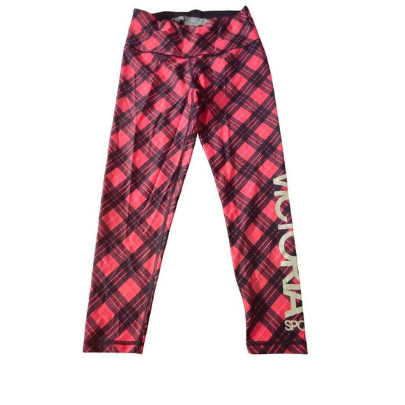 Victoria's Secret Plaid Leggings High Elastic Waist Pink Black Size Medium - Picture 3 of 3
